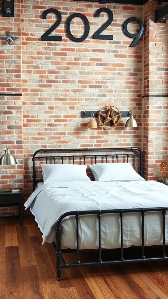 A modern industrial bedroom featuring a black metal bed frame, wooden floor, and a textured brick wall with decorative metal accents.