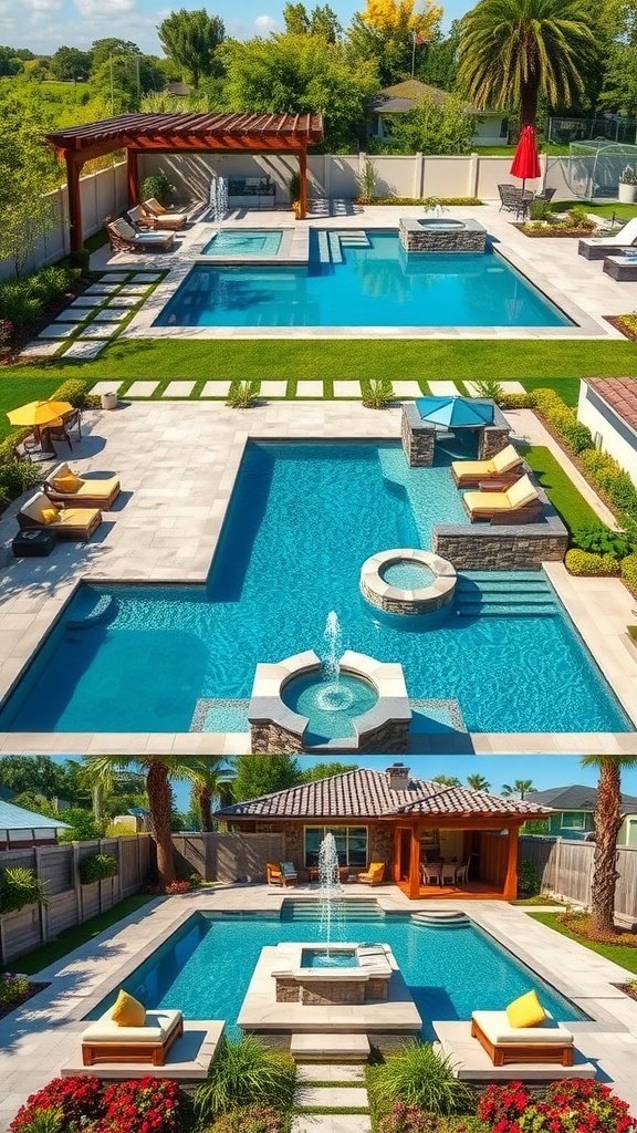 A beautiful luxury swimming pool design featuring multiple pools, lush landscaping, and a relaxing spa area.