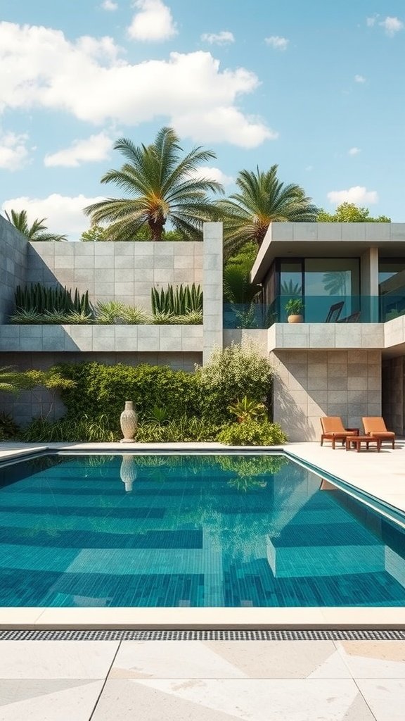 A luxurious swimming pool surrounded by palm trees and modern architecture, featuring a clean and reflective surface.