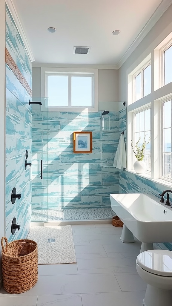Walk-in shower with blue wave tile, glass enclosure, and natural light