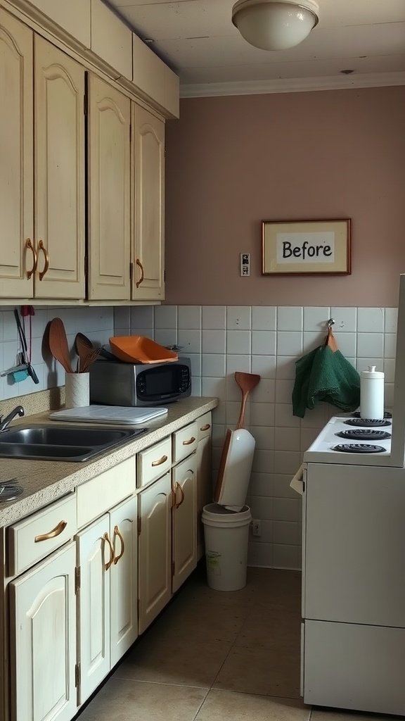 A dated kitchen featuring old cabinets, a cluttered countertop, and a sign that reads 'Before'.