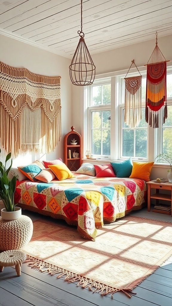 A cozy boho-style bedroom featuring a colorful patchwork quilt on a bed, macramé wall hangings, and natural light streaming in.