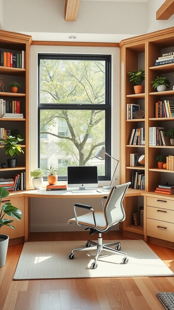 A stylish home office with built-in wooden shelving, a corner desk, a computer, and plants.