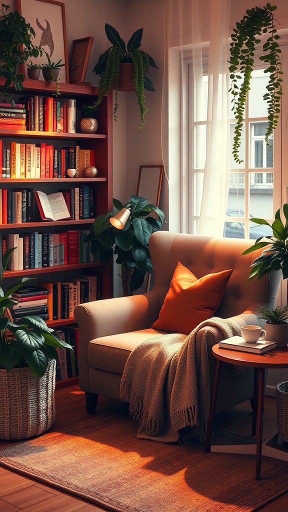 A cozy nook with a comfortable chair, plants, and warm lighting.