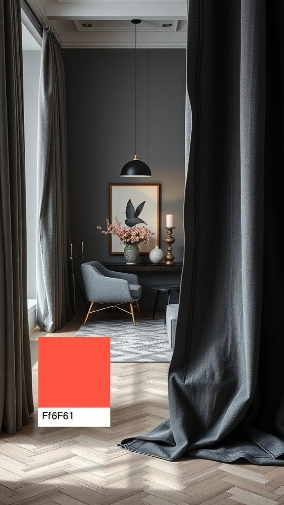 An interior space featuring charcoal gray walls, a coral color swatch, and modern decor elements.