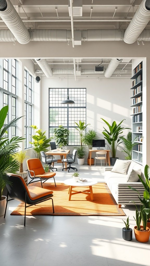 Bright and airy organic modern office with large windows, plants, and comfortable seating.
