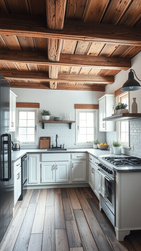 A rustic U-shaped kitchen featuring wooden beams, white cabinets, black fixtures, and natural light.