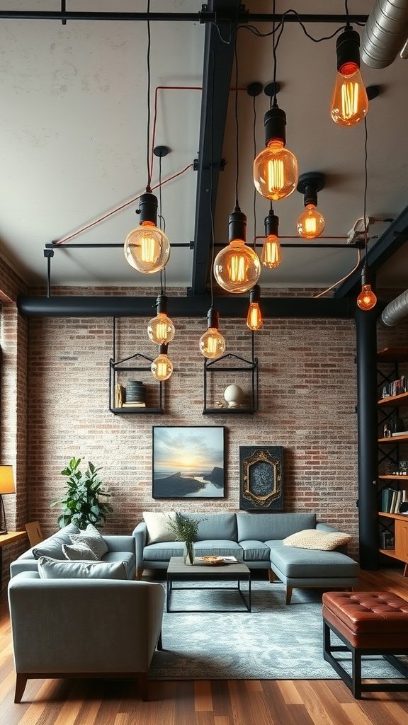 A stylish industrial living room featuring bold hanging light fixtures, a cozy sectional sofa, and warm wooden flooring.