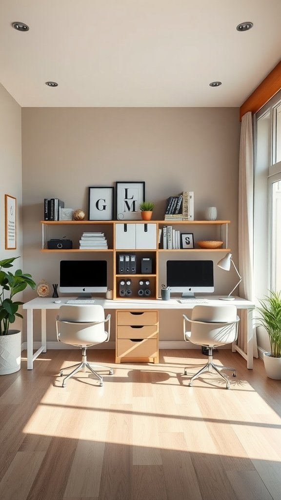 Double desk layout with shared central storage in a small home office
