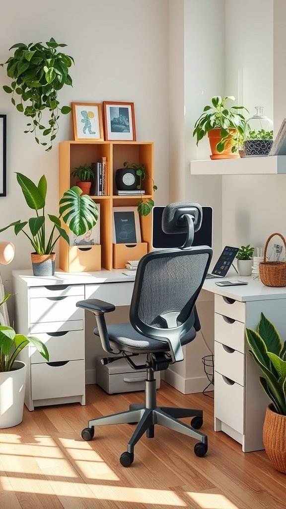 A bright and stylish small home office setup featuring an ergonomic chair, desk, and plants.
