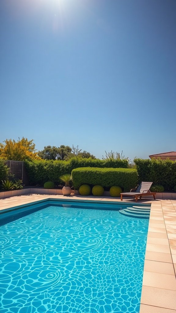 A beautiful fiberglass swimming pool surrounded by greenery under a clear blue sky.