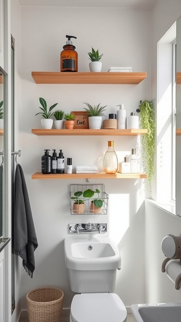 Floating shelves in a small bathroom displaying plants and toiletries