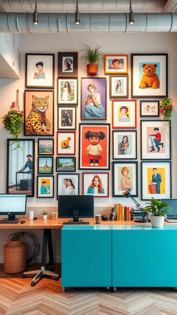 A colorful gallery wall with various framed artworks and photographs in an office setting.