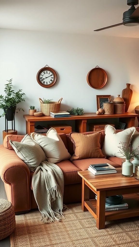 A cozy living room with a brown couch, decorated in various shades of brown, featuring pillows and a wooden coffee table.