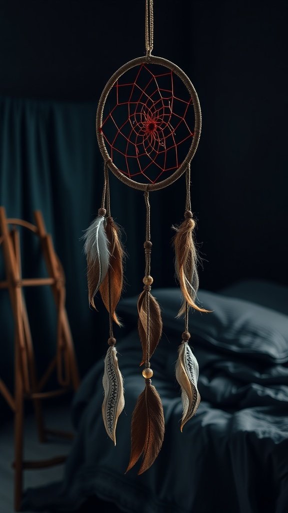 A handcrafted dreamcatcher with a red web and feathers, hanging in a dark boho bedroom