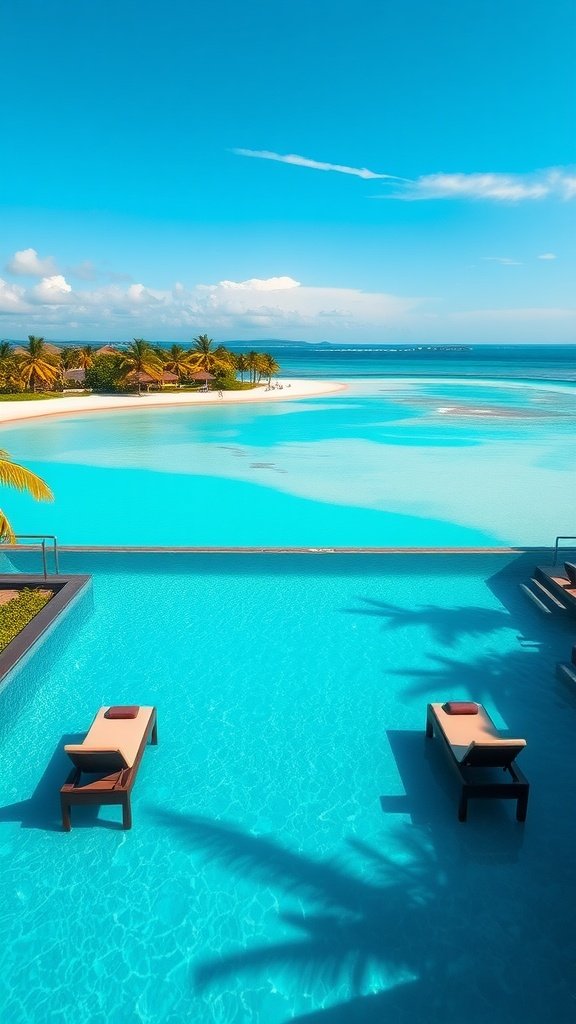 Infinity lagoon swimming pool overlooking a beach with sun loungers
