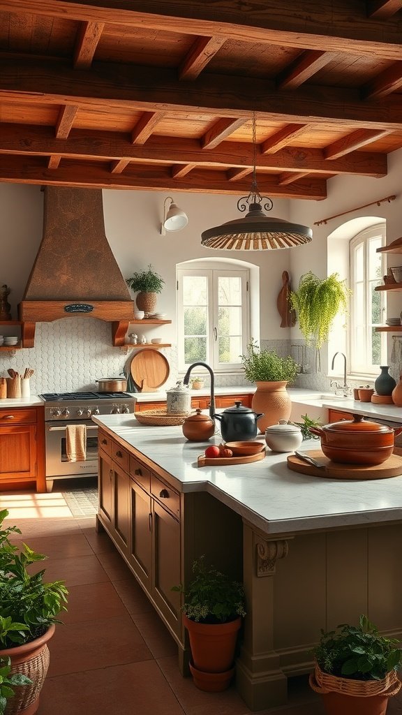 Cozy Italian farmhouse kitchen with wooden beams, marble island, and plants