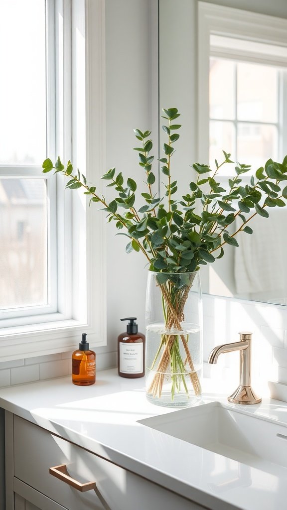 A large glass vase with eucalyptus stems on a bathroom counter next to brown cosmetic bottles and a gold faucet