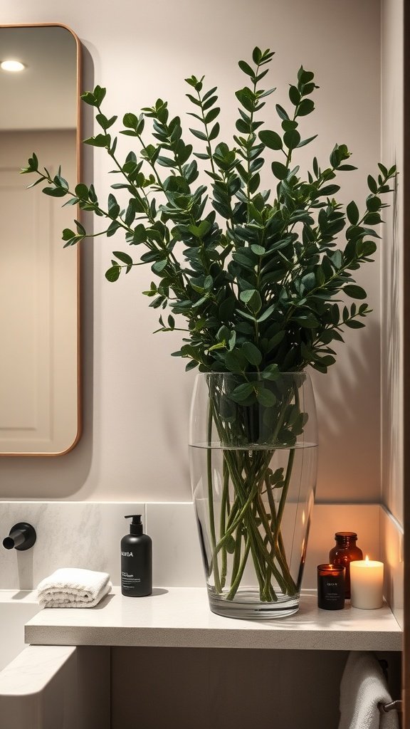 A large vase filled with eucalyptus stems in a modern bathroom setting.