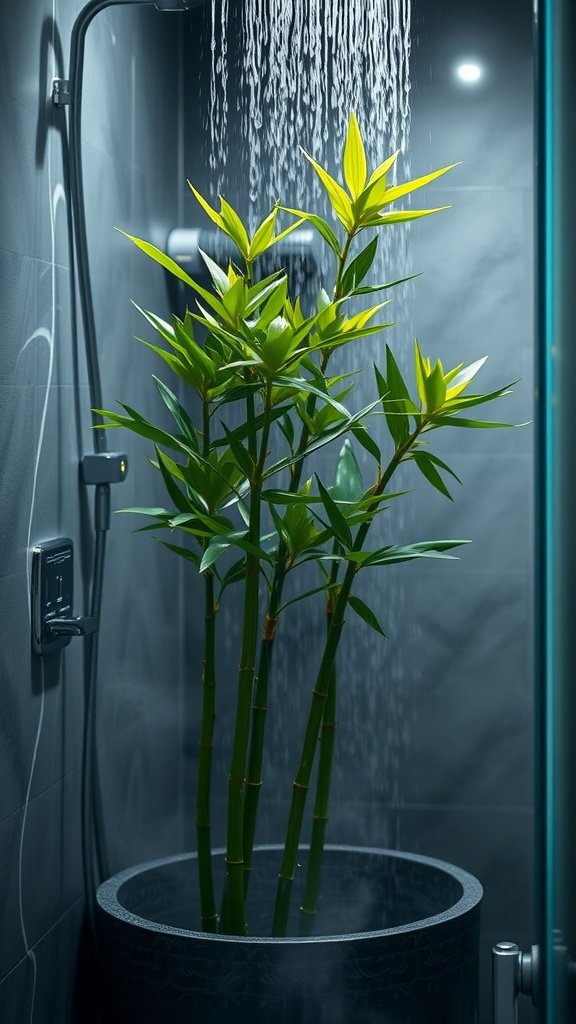 Lucky Bamboo plant in a stylish pot under a showerhead