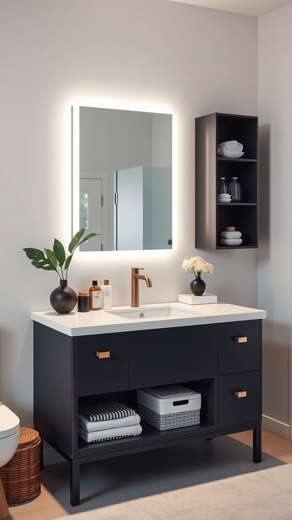 Luxurious Ikea Besta vanity with a backlit mirror and wall shelf in a modern bathroom