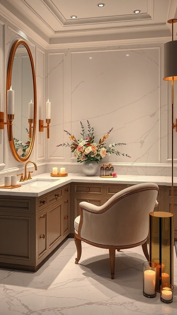 Luxurious bathroom vanity space with marble surfaces and elegant decor.
