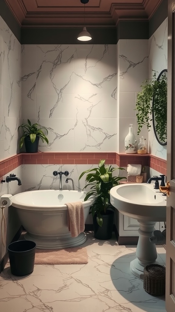 A beautifully designed vintage bathroom featuring marble walls, mauve tiles, a freestanding bathtub, and potted plants.