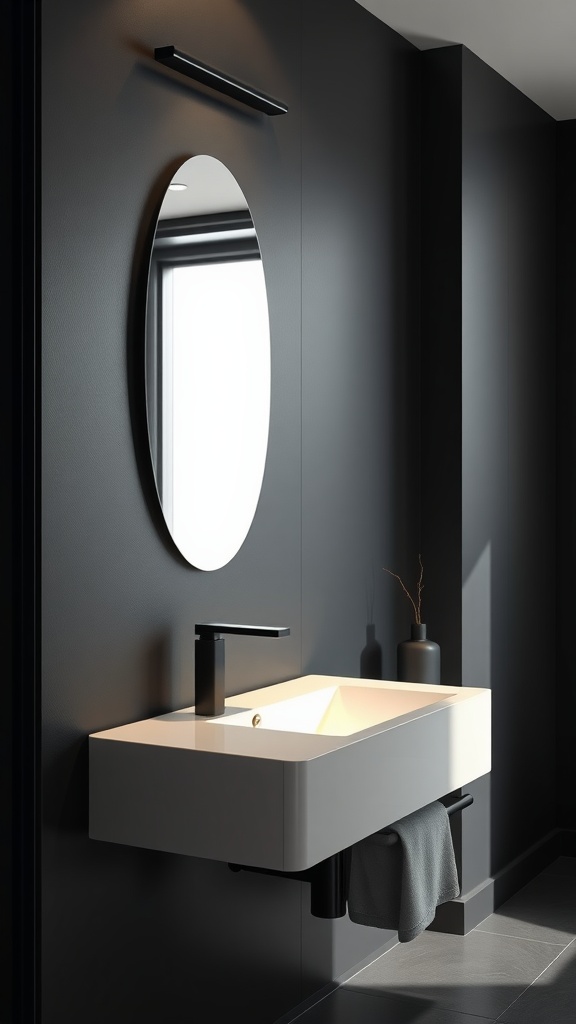 A modern black matte bathroom featuring a sleek white sink and oval mirror.