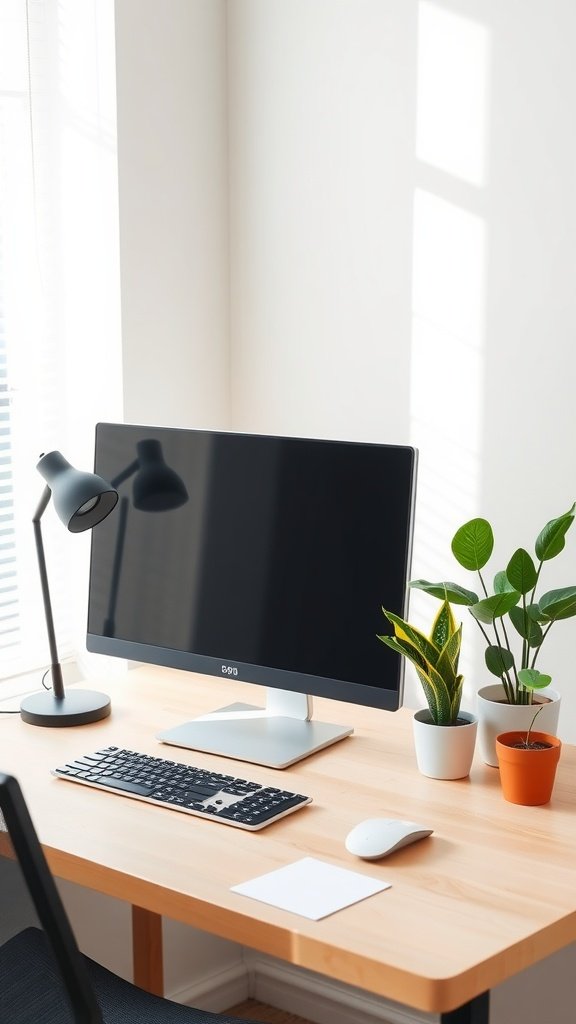 A minimalist desk setup featuring a computer monitor, keyboard, mouse, and potted plants, with sunlight streaming in.