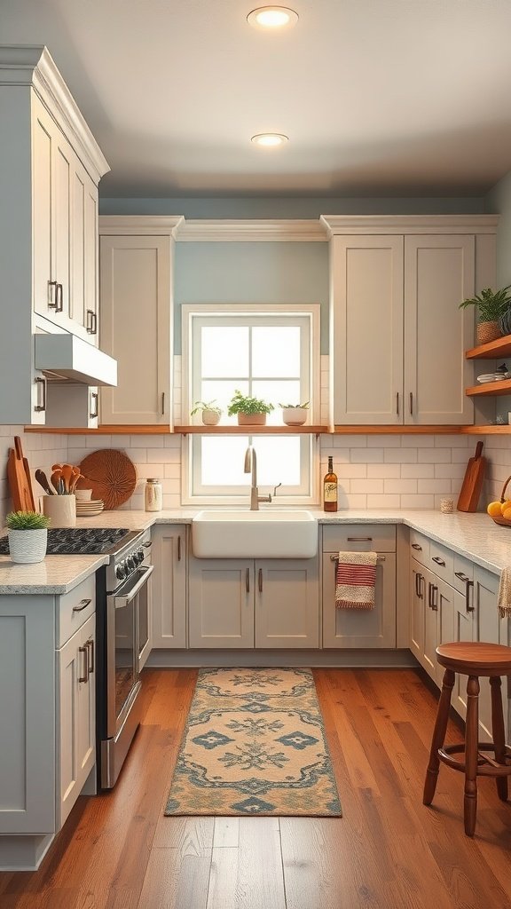 A modern farmhouse kitchen featuring light gray cabinets, a farmhouse sink, and wooden accents.