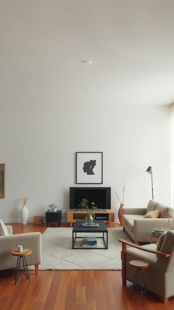 A minimalist living room with neutral furniture and decor