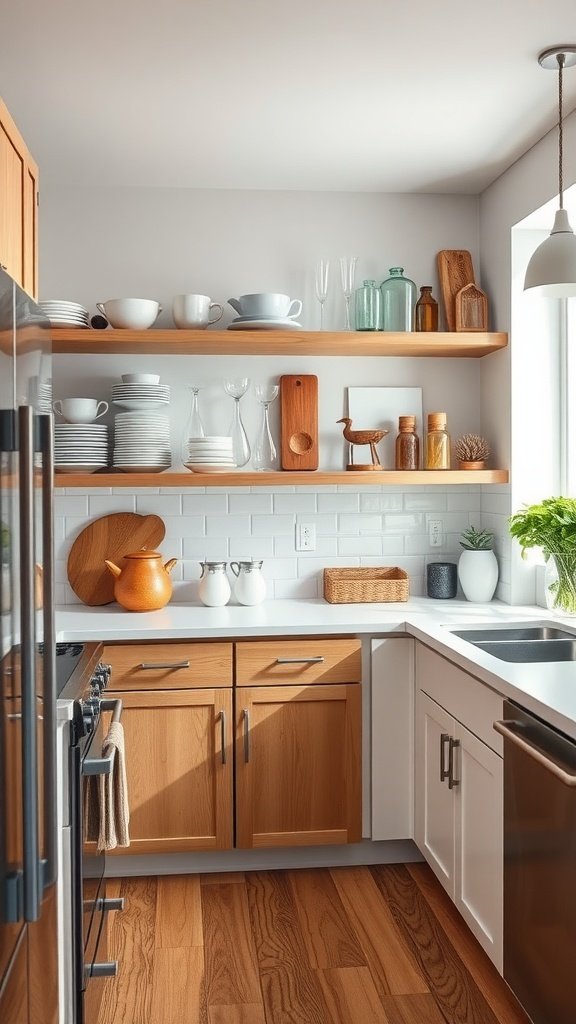 A kitchen with open wooden shelves displaying plates, glassware, and decorative items against a light backdrop.