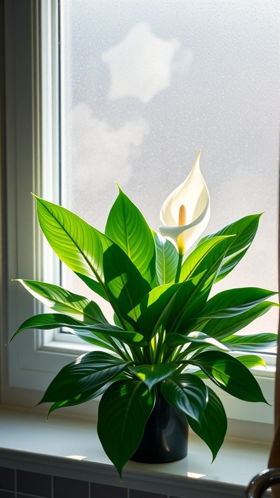 A Peace Lily plant with lush green leaves and a white bloom, placed on a windowsill with condensation.