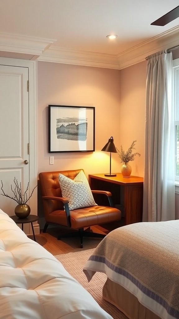 A cozy armchair next to a small table in a well-decorated guest bedroom and home office combo.