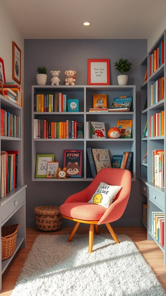 Cozy reading nook with a small red chair, colorful bookshelves, and plush toys.
