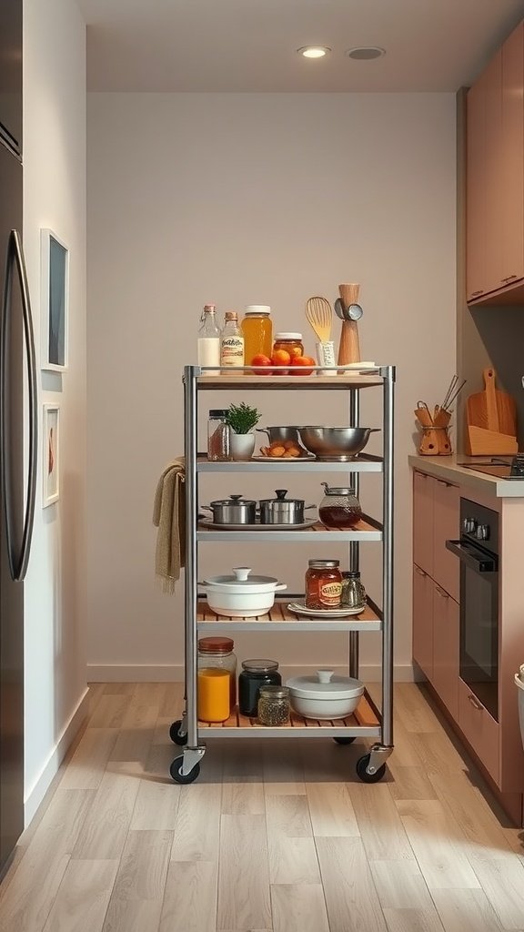 A rolling kitchen cart with multiple shelves filled with cooking essentials, positioned in a small apartment kitchen.