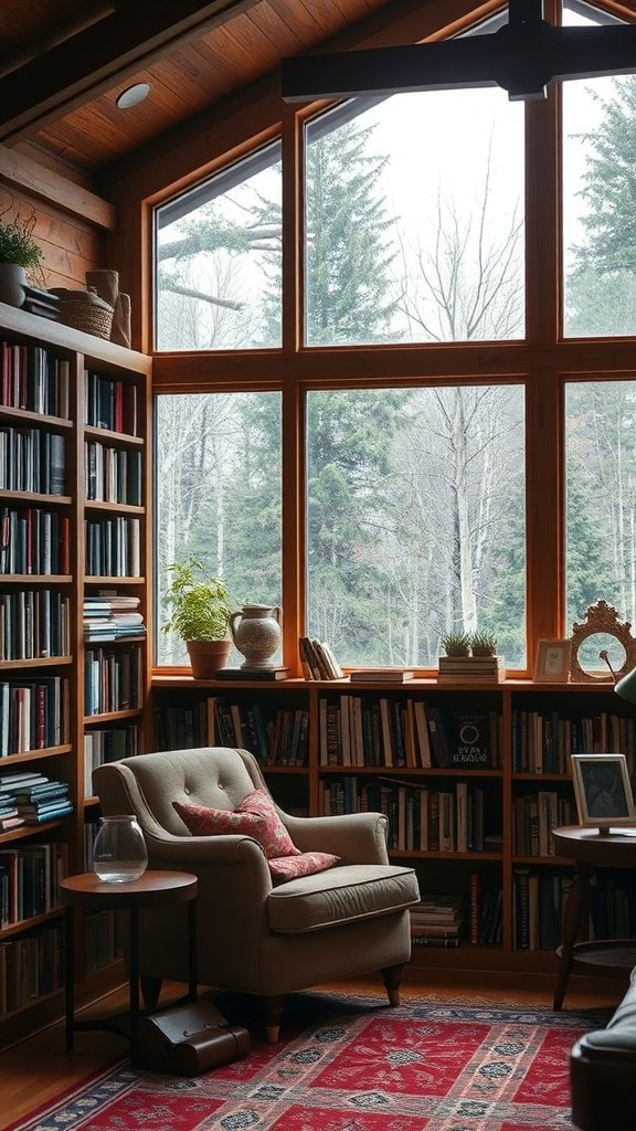 A cozy rustic living room with bookshelves, a comfortable armchair, and large windows overlooking greenery.
