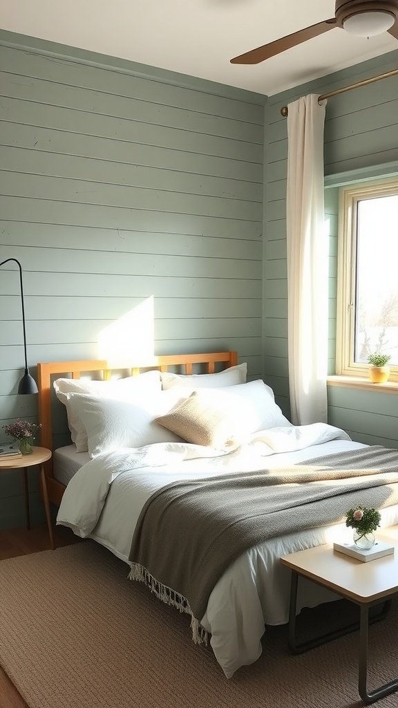 A serene bedroom featuring sage green shiplap walls, a wooden bed frame, and natural light streaming through the window.