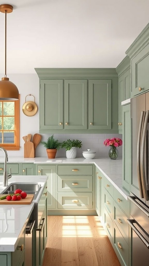 A kitchen with sage green cabinets, warm wood flooring, gold hardware, and bright countertops.
