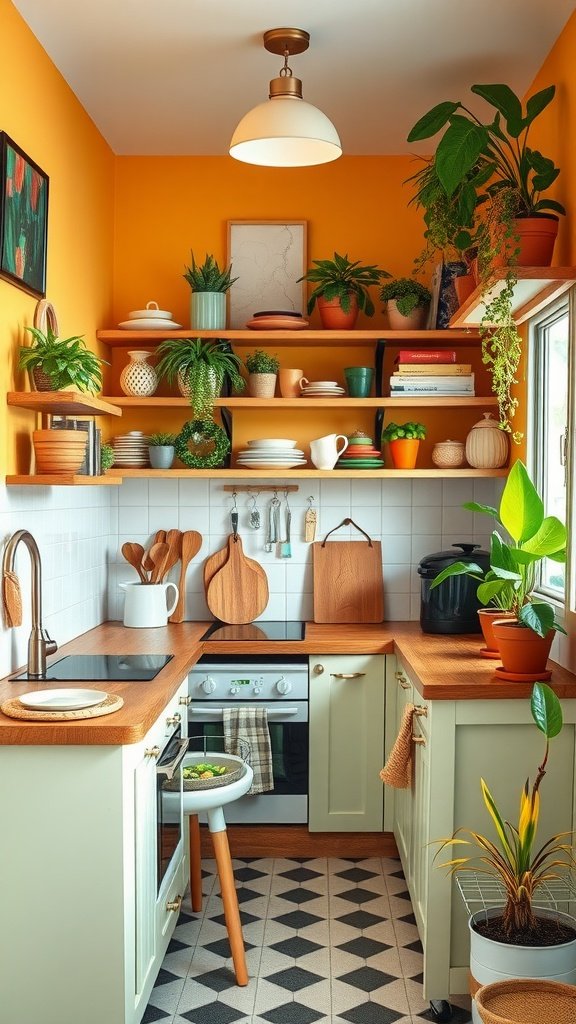 Small kitchen with orange walls, wooden shelves filled with plants and kitchenware, and modern appliances