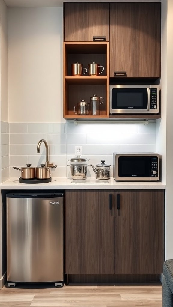 A modern small kitchen with space-saving appliances including a fridge, microwave, and cookware.