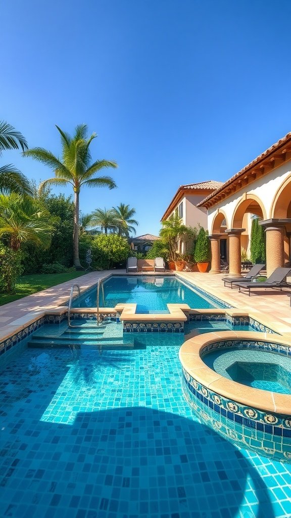 Spanish style in-ground pool with jacuzzi, surrounded by palm trees and lounge chairs under a clear blue sky.
