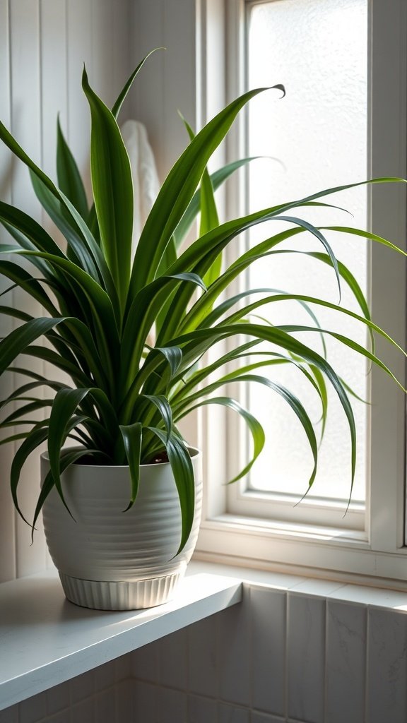 A healthy Spider Plant with long, arching green leaves in a white pot, placed near a window.