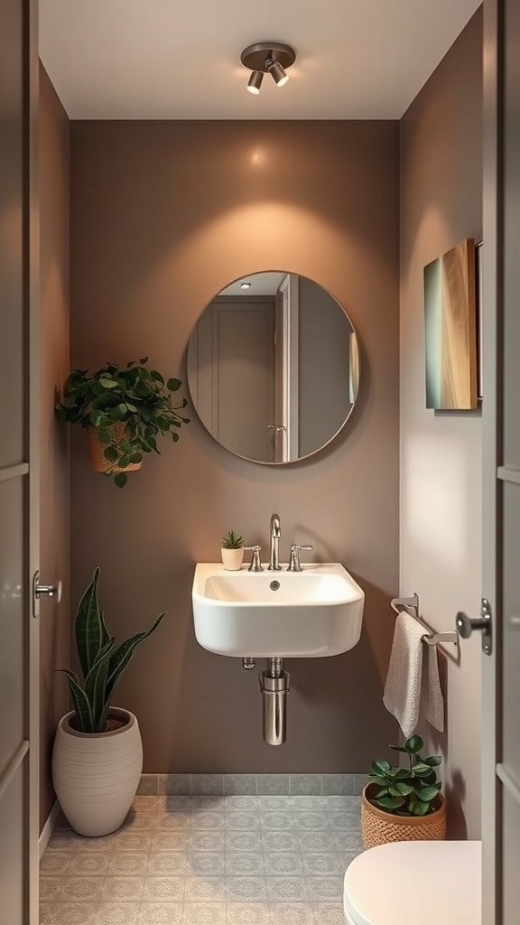 Small bathroom with taupe walls, round mirror, and plants