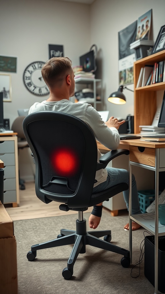 A person sitting in an uncomfortable desk chair while working at a home office desk.