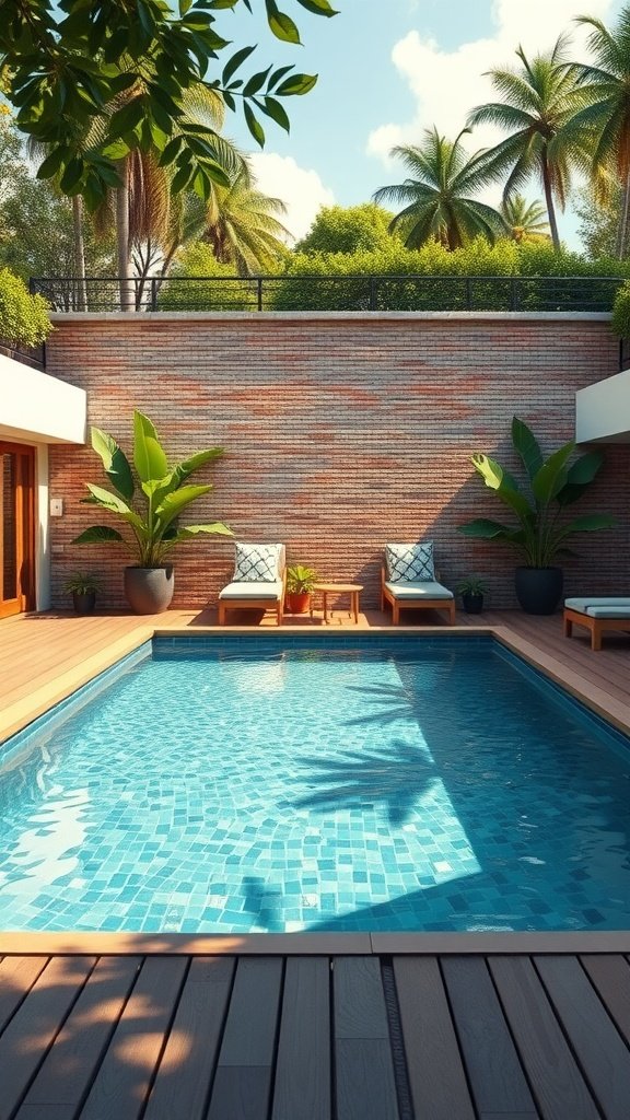 Luxury swimming pool with wooden deck and brick wall surrounded by plants