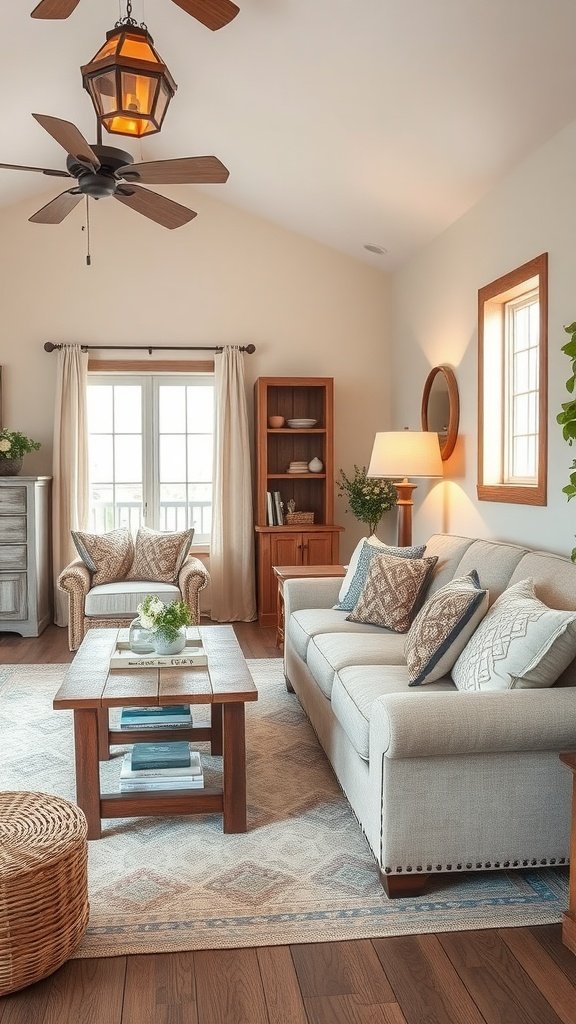 A cozy farmhouse-style living room with a neutral sofa, patterned cushions, wooden coffee table, and warm lighting.