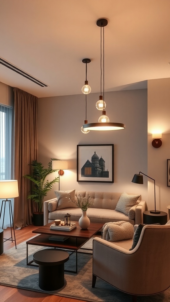 A cozy living room-dining room combo featuring stylish lighting fixtures.