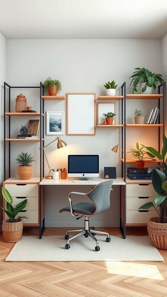 Stylish small home office with a desk, computer, and plants on shelves