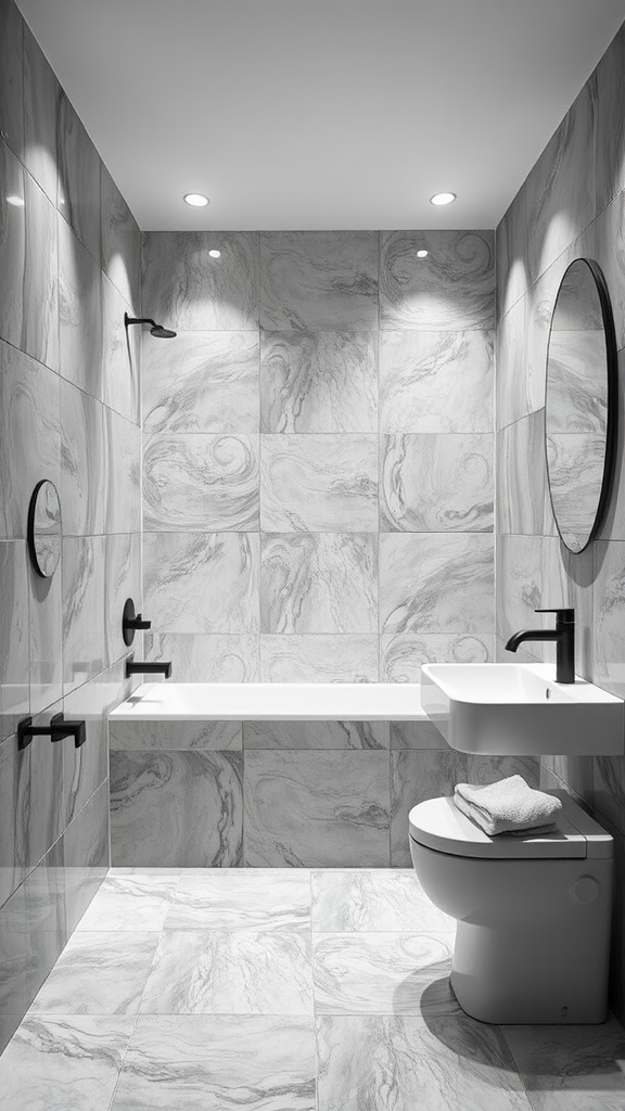 A modern bathroom featuring grey marbled tiles, black fixtures, and a minimalist design.